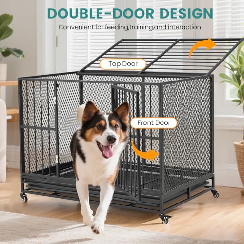 42 Inch Heavy Duty Dog Crate, Folding Dog Kennel for Medium/Small Dogs, Metal Dog Cage with Lockable Wheels, Dual Locks, Removable Tray, Easy Assembly - size: 42.1"L x 27.6"W x 32.3"H