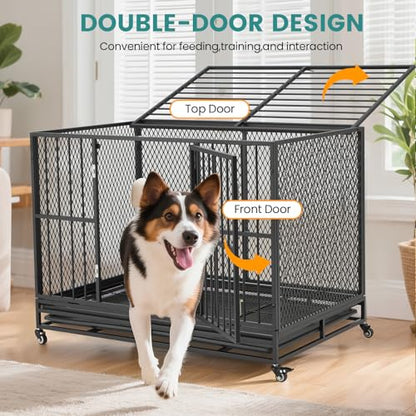 42 Inch Heavy Duty Dog Crate, Folding Dog Kennel for Medium/Small Dogs, Metal Dog Cage with Lockable Wheels, Dual Locks, Removable Tray, Easy Assembly - size: 42.1"L x 27.6"W x 32.3"H