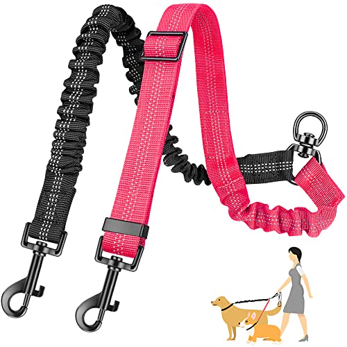 AUTOWT Two Dog Lead, 2 in 1 Upgraded Double Dog Leash Attachment Combine Adjustable Strap and Shock Absorbing Bungee No Tangle Dual Training Splitter for Different Size Dogs - color: Pink - Medium