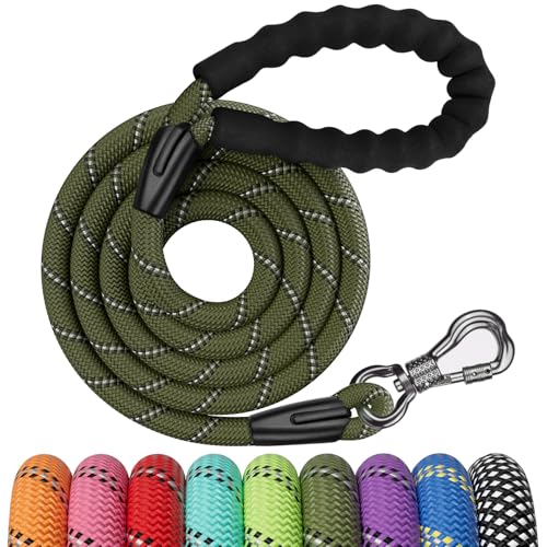 NTR 6FT Heavy Duty Olive Rope Dog Leash with Swivel Lockable Hook and Comfortable Padded Handle for Small to Large Dogs - Training, Playing, Camping, or Backyard - color: Olive, size: 6ft*1/2"