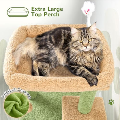 Globlazer Cactus Cat Tree Tower for Indoor Cats, 50-inch Adult Cat Tree House for Large Adult Cats with Steps, Scratching Post, 2 Cat Caves, Dangling Toys, FC50, Green - color: Cactus