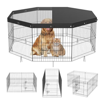 VEVOR Foldable Metal Dog Exercise Pen, Pet Puppy Playpen Yard Fence with Top Cover & Door, Indoor Outdoor 8 Panels 24" W x 24" H Dogs Crate Kennel with Ground Stakes for Small & Medium Dogs - size: 8 panels 24*24in, style: Playpen + Top Cover
