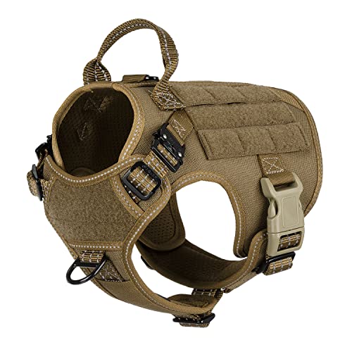 ICEFANG Tactical Dog Harness, Small Size,2X Metal Buckle,Working Dog MOLLE Vest with Handle,No Pulling Front Leash Clip,Hook and Loop Panel (Brown,S (Pack of 1)) - color: Brown, size: Small (Pack of 1)