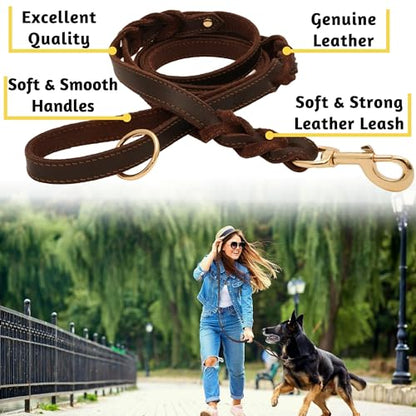 ADITYNA - Double Handle Leather Dog Leash 6ft - Heavy Duty Braided Dog Leash with Traffic Handle - Lead for Training and Walking Medium Large Breeds (Brown, Two Handles 6 Foot x 3/4") - color: Brown, size: Two Handles 6 foot x 3/4"
