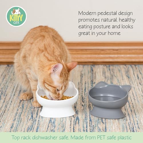 Kitty City Elevated Cat Bowls (Set of 2), Whisker-Friendly Raised Cat Food & Water Dishes, Modern Pedestal Design, Dishwasher Safe, 6.5 oz Each – White & Gray - color: White & Gray, style: Small