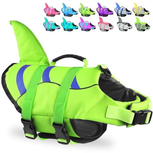 Shark Fin Dog Life Jacket, High Buoyancy with Tear-Resistant Nylon of Dog Swim Vest, Pet Life Preserver for Small Medium Large Dogs, Puppy Float Vest for Swimming and Boating - color: Green-Wave Shark, size: X-small
