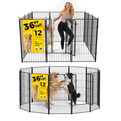Dog Playpen 36 inch 12 Panels for Indoor & Outdoor Use – Heavy-Duty Metal Pet Fence with Ground Stakes, Rounded Ball Tops for Safety, Stable & Foldable Design, Easy to Assemble - size: 36inch, style: 12 Panels