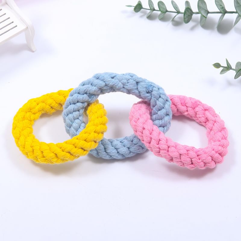Tri-Color Cotton Rope Dog Toy, Hand-Woven Triple Ring Chew Toy, Durable Knotted Rope for Teething, Training & Interactive Play for Small and Medium Dogs (Pink-Yellow-Light Blue)