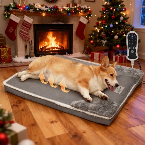 Heated Dog Bed 20x30inches Pet Heat Sofa, Soft Spine-Protecting Dog Heating Pad Equipped with Timer&Temperature Control Switch, Removable Plush Cover is Machine Washable, Non-Slip Base - Gray - size: Medium