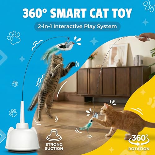2 in 1 Electric Cat Wand Toy Interactive Cat Toys for Indoor Cats 360° Flying Bird Cat Toy, 2-Speed Fly Cat Chase Toy Automatic Cats Toys with Self ON/Off Suction Cup Electric Cat Teaser Wand - style: Electric Wand-White