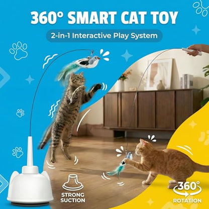 2 in 1 Electric Cat Wand Toy Interactive Cat Toys for Indoor Cats 360° Flying Bird Cat Toy, 2-Speed Fly Cat Chase Toy Automatic Cats Toys with Self ON/Off Suction Cup Electric Cat Teaser Wand - style: Electric Wand-White