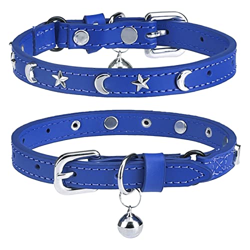 Leather Cat Collars for Boy Girl Cats with Bell and Safety Elastic Belt, Personalized Star and Moon Stud Adjustable Safe Buckle Collar for Kitty Small Big Cats Size 7-9 Inch, Blue - color: Blue_Star & Moon, size: 7"-9" For Cats(Pack of 1)