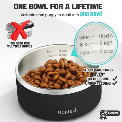 Bonteck Dog Bowl - Dog Water and Food Anti Rust & Non Slip Metal Bowls Large, Spill Proof Insulated Double Wall Pet Dish for Dogs, Cats & Pets, Stainless Steel, Dishwasher Safe (100 oz, Black)