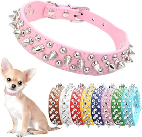 Cat Collar Spiked, Mushrooms Rivet Spike Dog Collar Anti-Bite Studded Protective Pet Neck Faux Leather Female Puppy Collars for XS Small Medium Large Girl Dogs Kitten Goat (Pink, XS) - color: Pink, size: XS