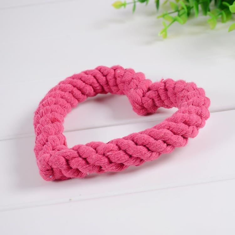 Dog Rope Chew Toy, Heart Shaped Interactive Teething Toy for Puppies, Pink Cotton Dental Tug Toy