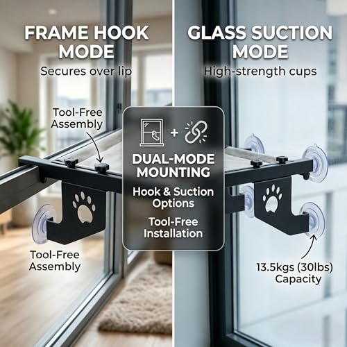 2‑in‑1 Cat Window Perch,Suction Cup & Hook‑On Windowsill Mounted Pet Perch, Sturdy Hammock with Metal Frame for Large Cats, Easy to Adjust Cat Bed for Windowsill, Bedside, Drawer and Cabinet