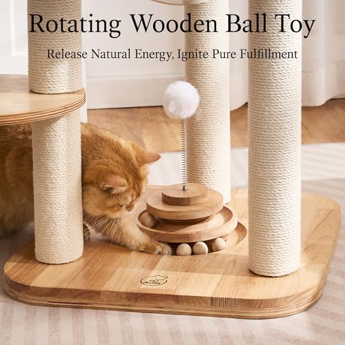 797Audio Modern Solid Wood Cat Tree Tower, 49" Tall Cat Tree with Sisal Scratching Posts and Capsule for Adult Cats, Natural Oak Wooden Cat Tower,Aesthetic Multi-Level Cat Climbing Tree for Indoor Cat - color: 49 Inch-Turntable Toy