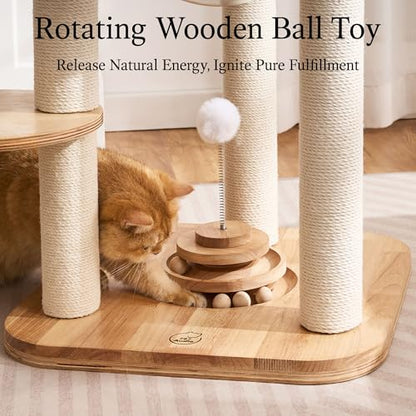 797Audio Modern Solid Wood Cat Tree Tower, 49" Tall Cat Tree with Sisal Scratching Posts and Capsule for Adult Cats, Natural Oak Wooden Cat Tower,Aesthetic Multi-Level Cat Climbing Tree for Indoor Cat - color: 49 Inch-Turntable Toy