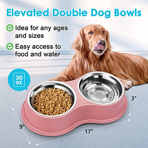 Epetslove Dog Bowls Large Double Dog Water and Food Bowls Stainless Steel Bowls with Non-Slip Resin Station, Pet Feeder Bowls Food Dish for Small Medium Large Dogs Cats - color: 5.Pink, size: Large-34oz