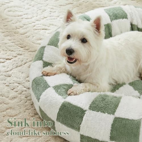 Ohocut Checkered Dog Bed, Cute Sage Green Retro Style Aesthetic Round Warming Pet Calming Beds for Small Dog and Cats, Plush Cozy Donut Washable, 30" L x 30" W x 8" Th - color: Green, size: 30"L x 30"W x 8"Th