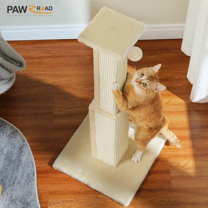 PAWZ Road Large Cat Scratching Post 32” Tall Scratching Post for Indoor Cats Adults Ultimate Scratch Post with Woven Sisal, Large Base and Removable Dangling Ball- Beige - color: Beige