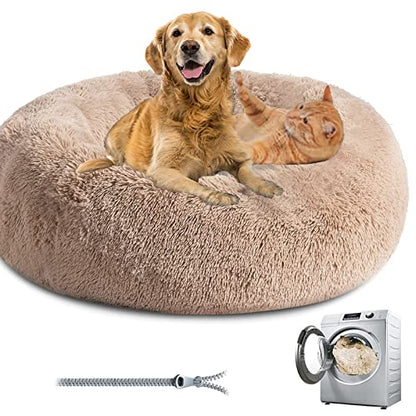 Premium Plush Donut Dog & Cat Bed - Warm & Soft, Anti-Anxiety, Non-Slip, Washable for Small/Medium/Large Dogs (Khaki) - color: Khaki, size: 15.7"40cm