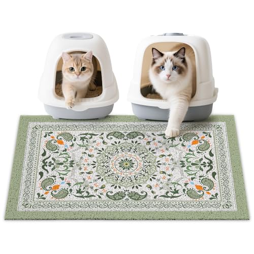 Cat Litter Mat 33" x 22" Non-Slip Litter Box Mat Washable Litter Catcher Mat for Litter Box Indoor Food Mat Supplies Essentials, Green Mandala - color: Green Mandala, size: 33X22in