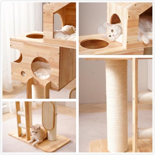 SHENGOCASE Modern Real Solid Rubber Wood Large Cat Tree Tower Castle with Big Enclosed Bed, House Condo, Scratching Post and Sisal Scratcher with Ladder for Multiple Cats