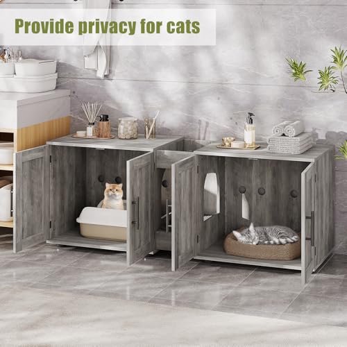 Garvee Cat Litter Box Enclosure for 2 Cats, 55" Hiddden Litter Box Enclosure Furniture 3-in-1 Wooden Litter Cabinet with Barn Door & Double Rooms for Bedroom Living Room, Gray - color: Gray