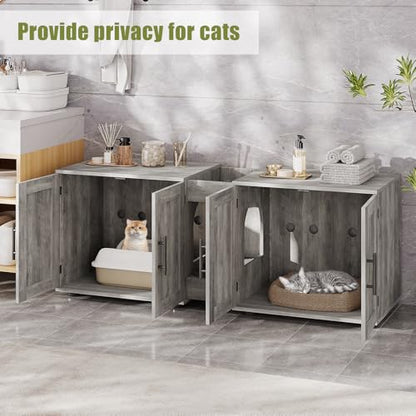 Garvee Cat Litter Box Enclosure for 2 Cats, 55" Hiddden Litter Box Enclosure Furniture 3-in-1 Wooden Litter Cabinet with Barn Door & Double Rooms for Bedroom Living Room, Gray - color: Gray