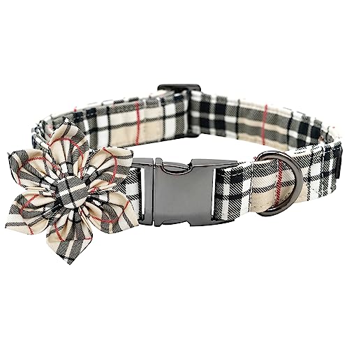 Dog Collar with Plaid Flower, Adjustable for X-Small Dogs, Cute Pet Accessory for Boys and Girls - color: Beige, size: X-Small (Pack of 1)