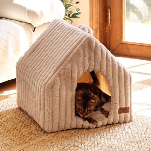 FUKUMARU Cat Houses for Indoor Cats, Washable Cute Cat Bed Cave with Removable Pillow, Large Semi-Enclosed Cozy Dog House Indoor, Soft Faux Rabbit Fur Kitten Bed, 17.5-Inch Cat Hideaway, Pink Grey - color: Pink Grey