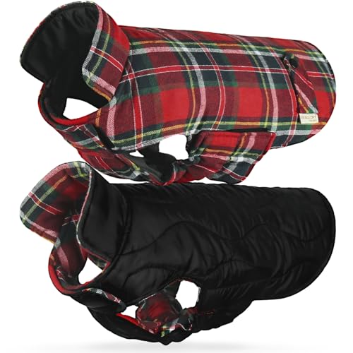 VIVAGLORY Softjoy Dog Coat, Dog Jacket for Winter & Christmas, Coat with Harness Hole, Reversible Plaid Checkered Warm Fluffy Heavy Duty for Puppy, XS, Red - color: Red (Reversible Design), size: XS: 15-18in (Chest Girth)