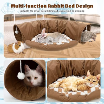 BWOGUE Bunny Tunnel Bed, 2-in-1 Collapsible Tunnel Tubes Toys with Removable Mat Hideout for Cats Kittens Rabbits Guinea Pigs Kitty (Coffee) - color: Coffee