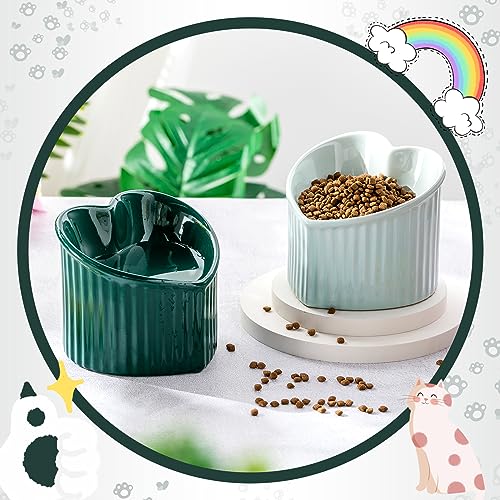 Mumufy 2 Pcs Ceramic Elevated Cat Bowls Tilted Elevated Raised Pet Bowls Anti Vomit Cat Dish for Indoor Stress Free Water Dish Feeder for Puppies, Heart Shaped(Macaron Blue, Peacock Green) - color: Macaron Blue, Peacock Green