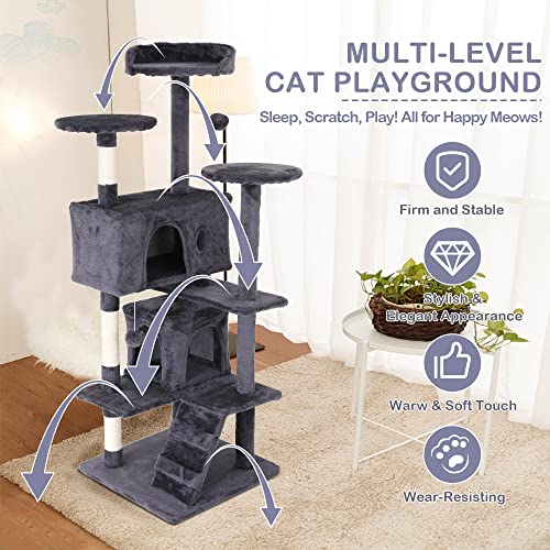 Go Pet Club 70'' Tall Multi-Level Cat Tree with Scratching Post, Stand Platform, Cat Condo, Tower and Funny Toy for Medium Indoor Cats - color: Light Gray