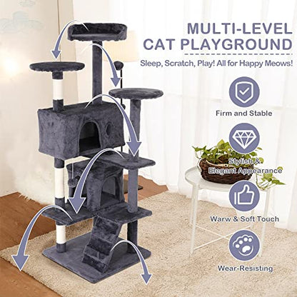 Go Pet Club 70'' Tall Multi-Level Cat Tree with Scratching Post, Stand Platform, Cat Condo, Tower and Funny Toy for Medium Indoor Cats - color: Light Gray