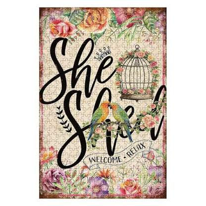 500 Pieces Jigsaw Puzzles for Adults, She Shed Welcome Relax Lovebird Flower Art Puzzle, Stress Relief Logical Thinking Brain Teaser Puzzle 20.4x15 Inch - color: Wooden Puzzle16, size: 500 Piece pcs