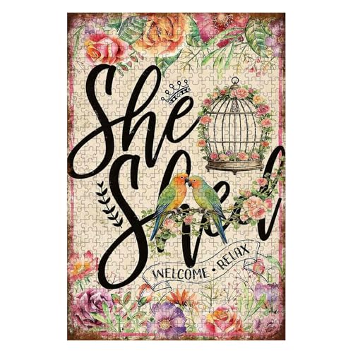 500 Pieces Jigsaw Puzzles for Adults, She Shed Welcome Relax Lovebird Flower Art Puzzle, Stress Relief Logical Thinking Brain Teaser Puzzle 20.4x15 Inch - color: Wooden Puzzle16, size: 500 Piece pcs