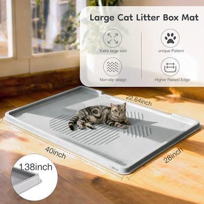 ISSEVE Cat Litter Mat 40" x 28" XL, Extra Large Silicone Mat for Litter Box, 1.38" Raised Edge Urine Waterproof Litter Trapping Mat Pad for Scatter Control, Soft on Kitty Paws, Protect Floor (Grey) - color: Light Grey