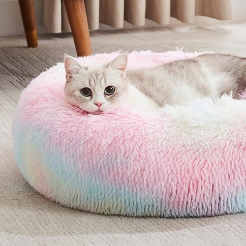 WESTERN HOME WH Calming Dog & Cat Bed, Anti-Anxiety Donut Cuddler Warming Cozy Soft Round Bed, Fluffy Faux Fur Plush Cushion Bed for Small Medium Dogs and Cats (20"/24"/27"/30") - color: Rainbow, size: 20.0"L x 20.0"W x 6.0"Th