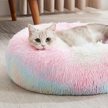 WESTERN HOME WH Calming Dog & Cat Bed, Anti-Anxiety Donut Cuddler Warming Cozy Soft Round Bed, Fluffy Faux Fur Plush Cushion Bed for Small Medium Dogs and Cats (20"/24"/27"/30") - color: Rainbow, size: 20.0"L x 20.0"W x 6.0"Th
