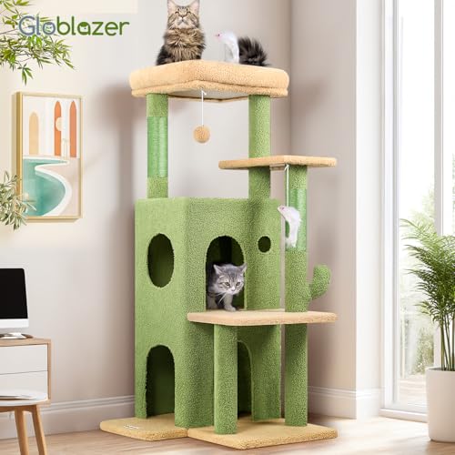 Globlazer Cactus Cat Tree Tower for Indoor Cats, 50-inch Adult Cat Tree House for Large Adult Cats with Steps, Scratching Post, 2 Cat Caves, Dangling Toys, FC50, Green - color: Cactus