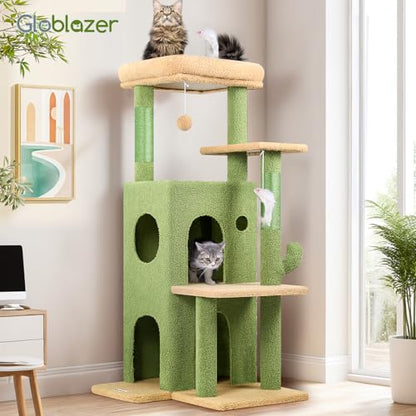 Globlazer Cactus Cat Tree Tower for Indoor Cats, 50-inch Adult Cat Tree House for Large Adult Cats with Steps, Scratching Post, 2 Cat Caves, Dangling Toys, FC50, Green - color: Cactus