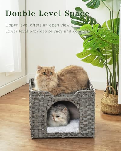 SETVSON Cat Beds Indoor Kitten House, Handwoven Rattan Cat Cave Pet Cube, Large Cat Houses, One Bed Mat, Foldable, Hideaway, 16.5x16.5x13.2 Inches, 2 S-Shaped Hooks in Living Room Bedroom Gray - color: Gray, size: Rectangle-M