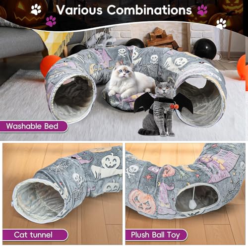 Tidjani Cat Tunnel Bed, Cat Tunnels for Indoor Cats with Bat Wings, Foldable Pet Donut Bed with Middle Mat and Dangling Balls, Pet Play Tunnel Toy with Ghost, Spider Web Pattern for Kittens - style: Gray Bat Wings