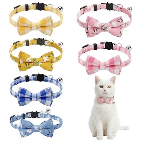 6 Pcs Spring Cat Collar Breakaway with Bow Tie and Bell Kitten Collars Removable Bowtie Plaid Flower Cat Collar for Cats Kittens Puppy (Flower) - style: Flower