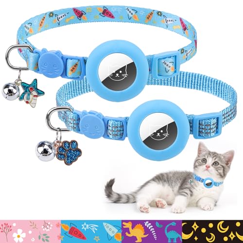 PUPTECK Airtag Cat Collar Breakaway 2 Pack with Bells, Reflective Kitten Collar with Air Tag Holder for Boy Girl Kitty and Puppies, Soft, Blue - color: Blue(Sky)