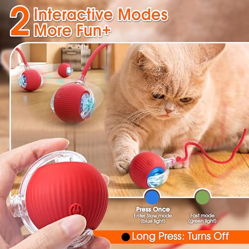 Interactive Cat Toy for Indoor Cats, Smart Motion-Activated Rolling Ball with LED Lights, USB Rechargeable Cat Enrichment Toy for Bored Adult Cats & Kittens to Keep Them Busy (Red)