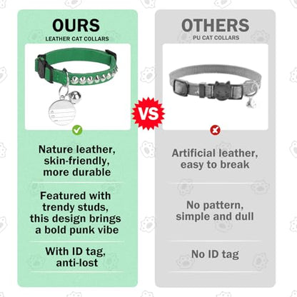 Leather Personalized Breakaway Cat Collar with Studded Bell and Safety Quick Release Buckle - Rivets Studded ID DIY Collars for Boy Girl Cats Kittens, 9" - 11.5" Green - color: Green, size: 9"-11.5"